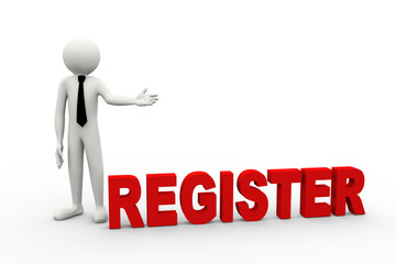 3d businessman with word register