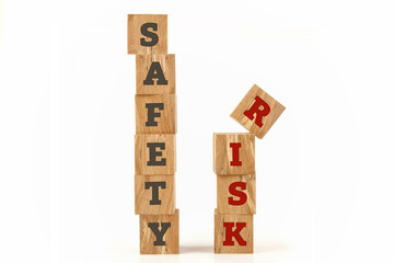 Safety and Risk message written on cube shape wooden surface isolated on white background.