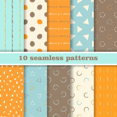 Set of hand Drawn vector seamless pattern. Geometrical concept. Orange, braun, beige and turquoise colors.