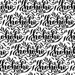 Materiał do szycia Vector seamless pattern with hohoho calligraphy on white isolated background. Christmas wrapping and textile design.