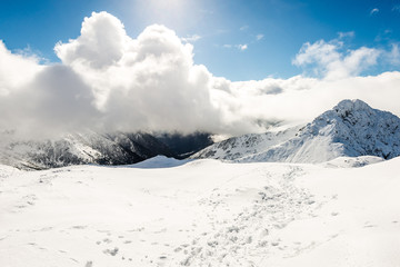 Obraz premium mountain tops in winter covered in snow with bright sun and blue