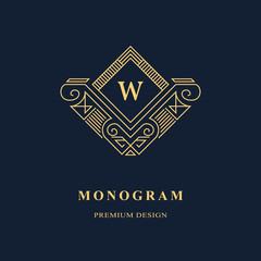 Line graphics monogram. Elegant art logo design. Emblem. Graceful template. Letter W. Business sign, identity for Restaurant, Royalty, Boutique, Cafe, Hotel, Heraldic, Jewelry, Fashion. Vector element
