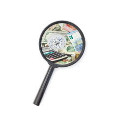 Magnifying glass with  money banknotes ,concept of business plan