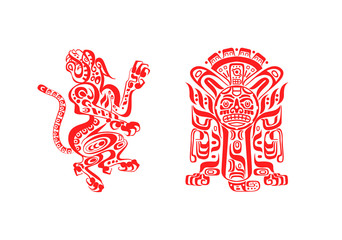 aztec mayan tattoos jaguar and warrior in red color isolated
