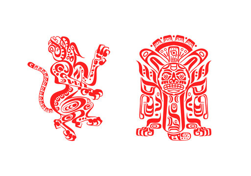 Naklejki aztec mayan tattoos jaguar and warrior in red color isolated