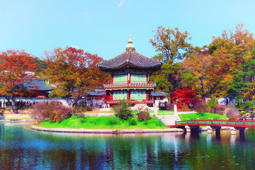 hyangwonjeong pavilion, Geoncheonggung Palace, Seoul, South Korea in vintage film looks