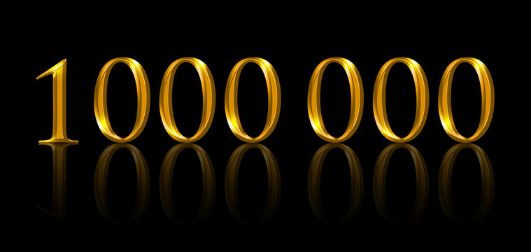 One million. Illustration of golden numbers on black background. Symbolic figure of being a millionaire and of earning the first million. Symbol expressed with yellow orange colored metallic numerals.