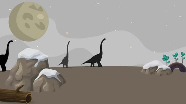 4K Cartoon Animation of Dinosaurs Walking at Night