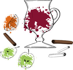 Set of glass with mulled wine, apple, cinnamon and orange with color brushstrokes on white background. Cartoon sketch drawn by ink. Hand drawn vector illustration.