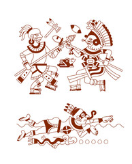  sketch drawing aztec pattern with warriors and swimmer man on w