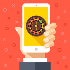 Hand holding smartphone with casino roulette wheel on screen. Gambling, casino app graphic design concepts. Flat design vector illustration