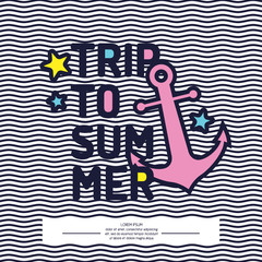 Poster, patch badge with text trip to summer in linear style