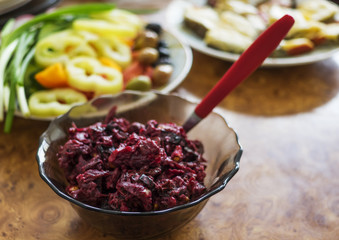 Delicious salad with beets, prunes and walnuts