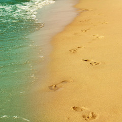 Footprints on sandy beach at sunrise