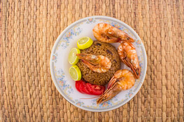 Cooked Fresh Shrimp with Rice Served in a plate / Cooked Fresh Shrimp with Rice / Shrimp with Rice plate