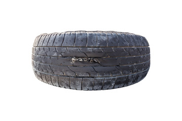 Broken tire damaged on surface which isolated on white blackgrou