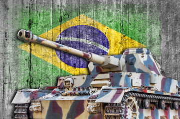 Military tank with concrete Brasil flag