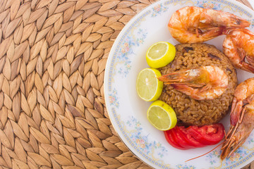 Cooked Fresh Shrimp with Rice Served in a plate / Cooked Fresh Shrimp with Rice / Shrimp with Rice plate