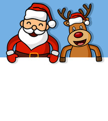 Cartoon santa claus and deer with blank sign