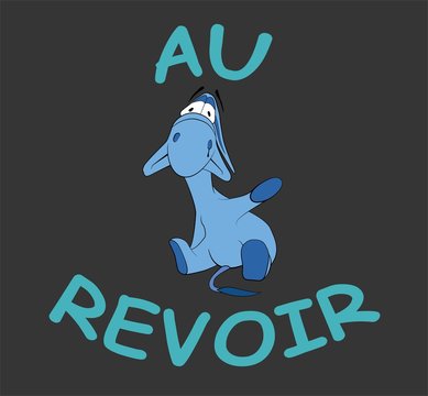 Sad donkey waving hand with French text "Au Revoir", t-shirt gra