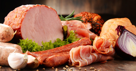 Meat products including ham and sausages - obrazy, fototapety, plakaty