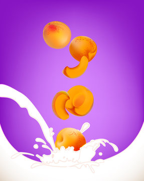 poster realistic image apricot fruit with milk splashes on viole