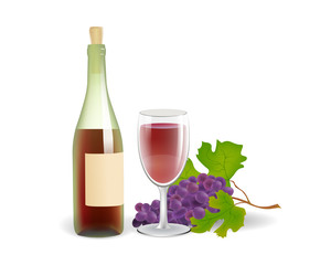 poster with a red wine bottle of green glass, grape berries and