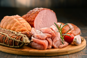 Meat products including ham and sausages