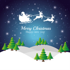 Fototapeta premium merry christmas happy new year with santa flying sleigh reindeer silhouette and landscape vector illustration eps 10