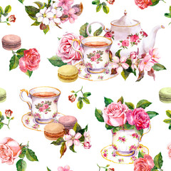 Bloemen, kopje thee, gebak, bitterkoekjes, pot. Waterverf. Naadloze achtergrond