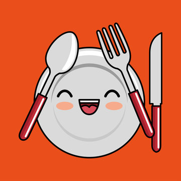 kawaii plate fork spoon knife icon design vector illustration eps 10