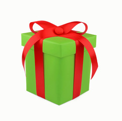 Light green gift box with red ribbon and bow isolated on white background