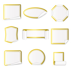 Set of paper stickers white with gold border on white background