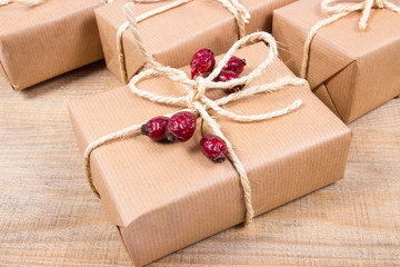 Rustic gift box with kraft paper. Christmas gift.