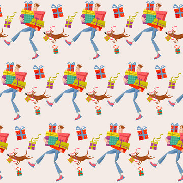 Shopping time. Man holding a pile of gift boxes. Seamless background pattern.