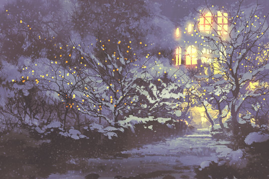 night scenery of snowy winter alley in the park with christmas lights on trees,illustration painting