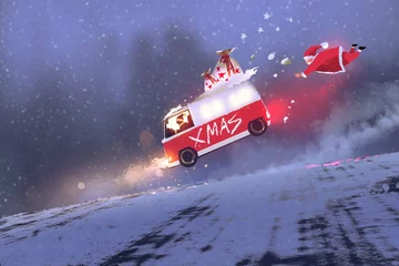 Fototapeten funny scene of santa claus and the van with christmas gift bags jumping on winter road,illustration painting © grandfailure