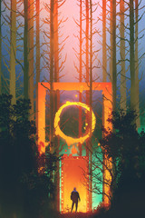 Fototapeta premium man in the enchanted forest with fantasy gate,illustration painting