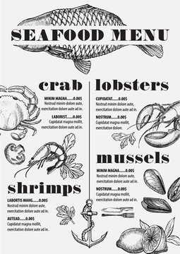 Menu seafood restaurant, food template placemat.