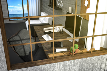 Obraz na płótnie Canvas 3D Rendering : illustration of view from outside of modern creative workplace.PC monitor on wooden table and wooden room and seaview.curtain and glass window with sunlight shining