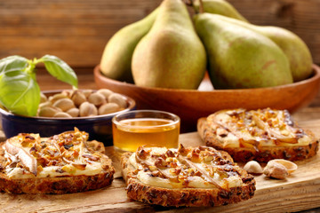 Breakfast crispy toast sandwich with pears