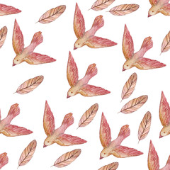 watercolor seamless  pattern with pink birds and feathers isolated on white. Repeating texture. Original background