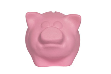 portrait of a pink piggy bank on a white background