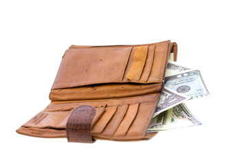 natural leather wallet isolated on white background. Expensive man's purse closeup. Wallet filled up with money