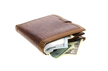natural leather wallet isolated on white background. Expensive man's purse closeup. Wallet filled up with money
