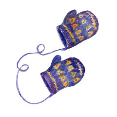 Watercolor painting blue minnets. Winter simbol