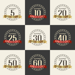 Vector set of anniversary signs, symbols. 5, 10, 20, 25, 30, 40, 50, 60, 70 years jubilee design elements collection.