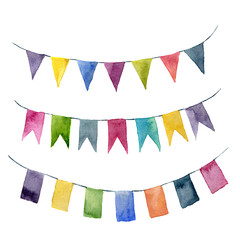 Obraz premium Watercolor flags garlands set. Party, kids party or wedding decor elements isolated on white background. For design, prints or background
