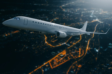 Passenger airplane flying over city at moon night