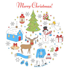 Christmas and New Year holiday  icons set, vector illustrations hand drawn. Christmas tree, reindeer, snowman, snowflakes, angel, candles, village house, bells, lantern and socks isolated.